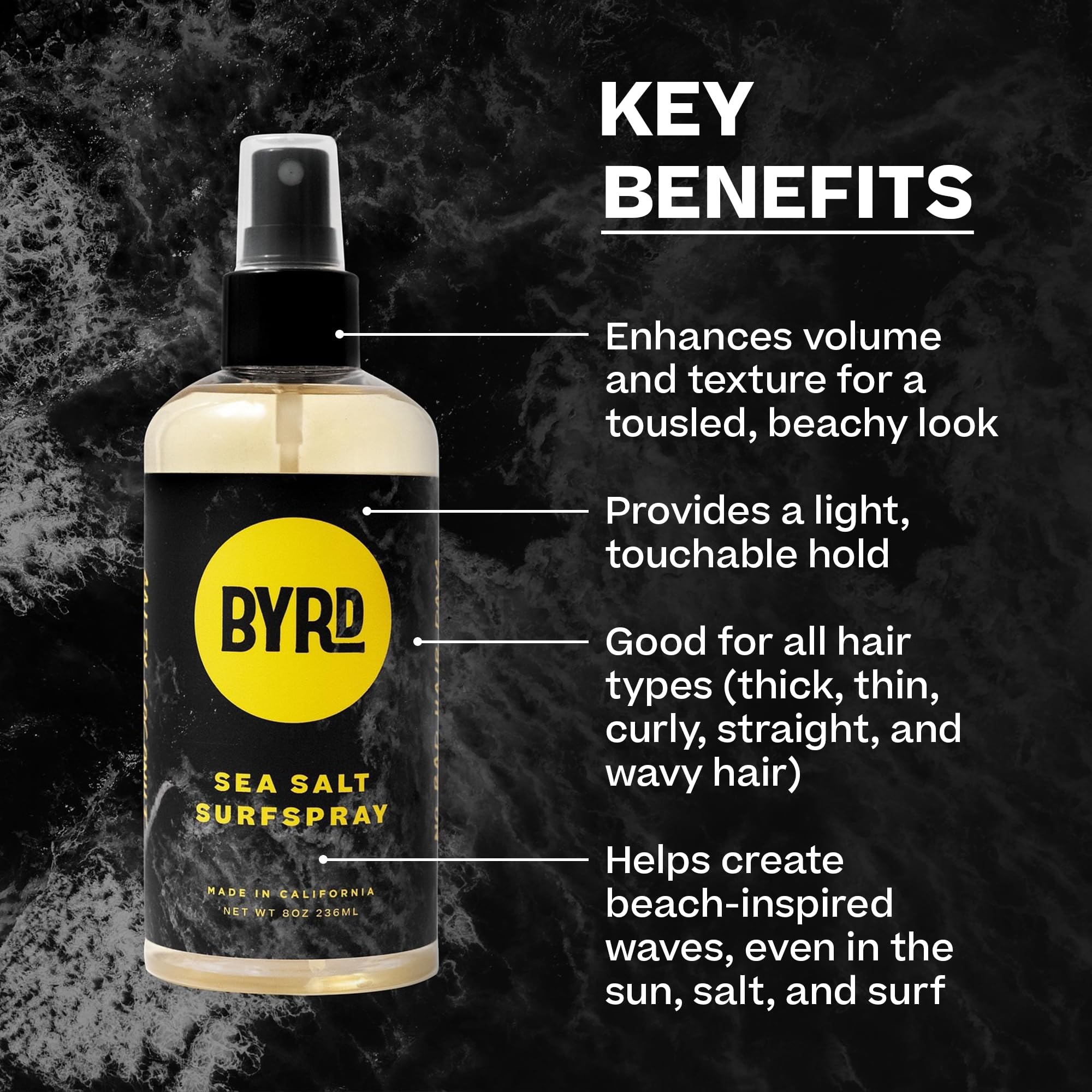 BYRD Sea Salt Surfspray – Salty Coconut Scent, Texturizing & Volumizing Sea Salt Spray for Men, 8 oz, Pack of 2
