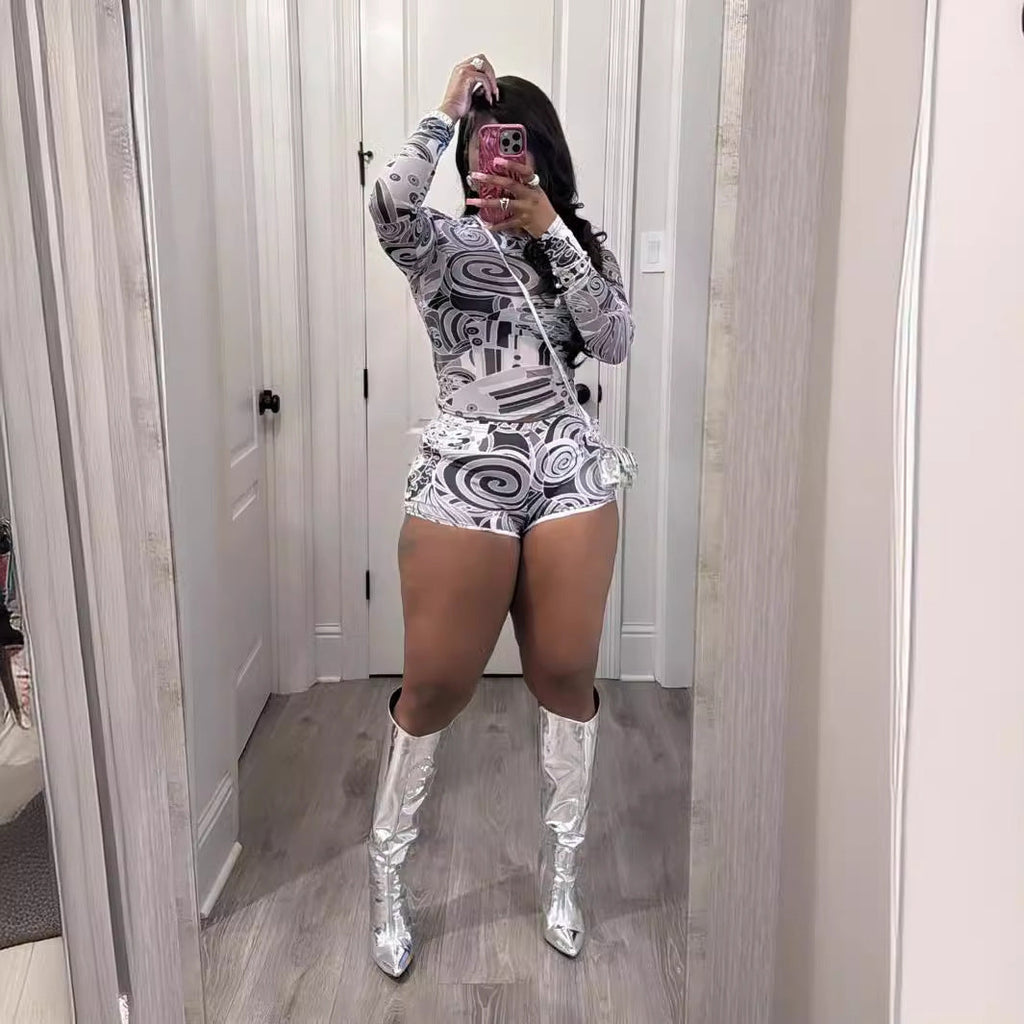 Tight-fitting Printed Crew-neck Stretchy Casual Long-sleeve Shorts Set