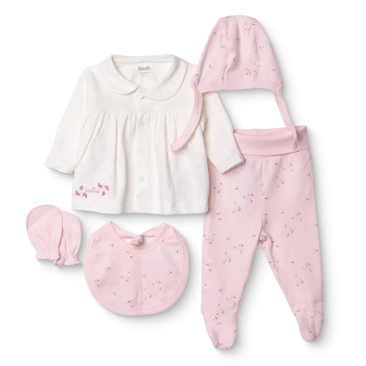 Bebetto 5 Piece "Cutie" Embroidered Baby Hospital Bag Set on a Hanger (Newborn)