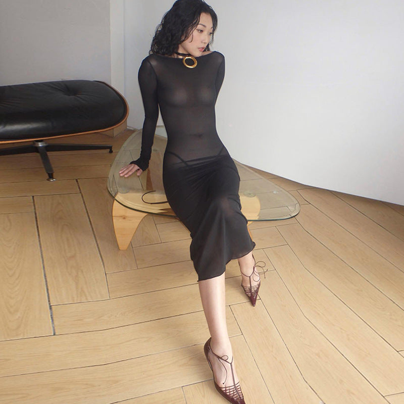 Backless Drawstring Patchwork Close-fitting Long-sleeved Dress