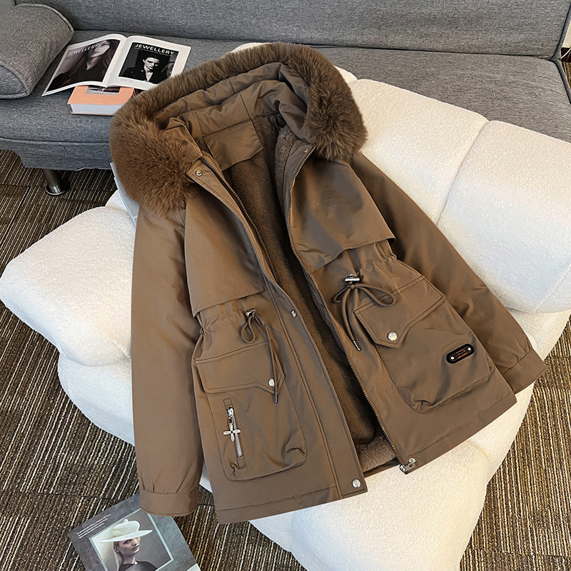 Fur Collar Fashionable All-matching Jacket Hooded Warm Cotton-padded Coat