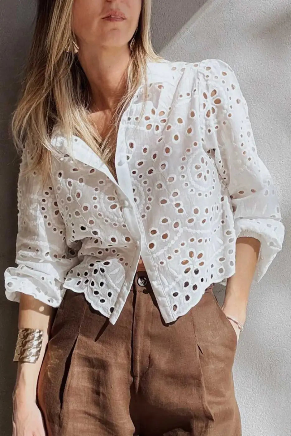 Women's White Cutwork Embroidered Puff Sleeve Crop Top