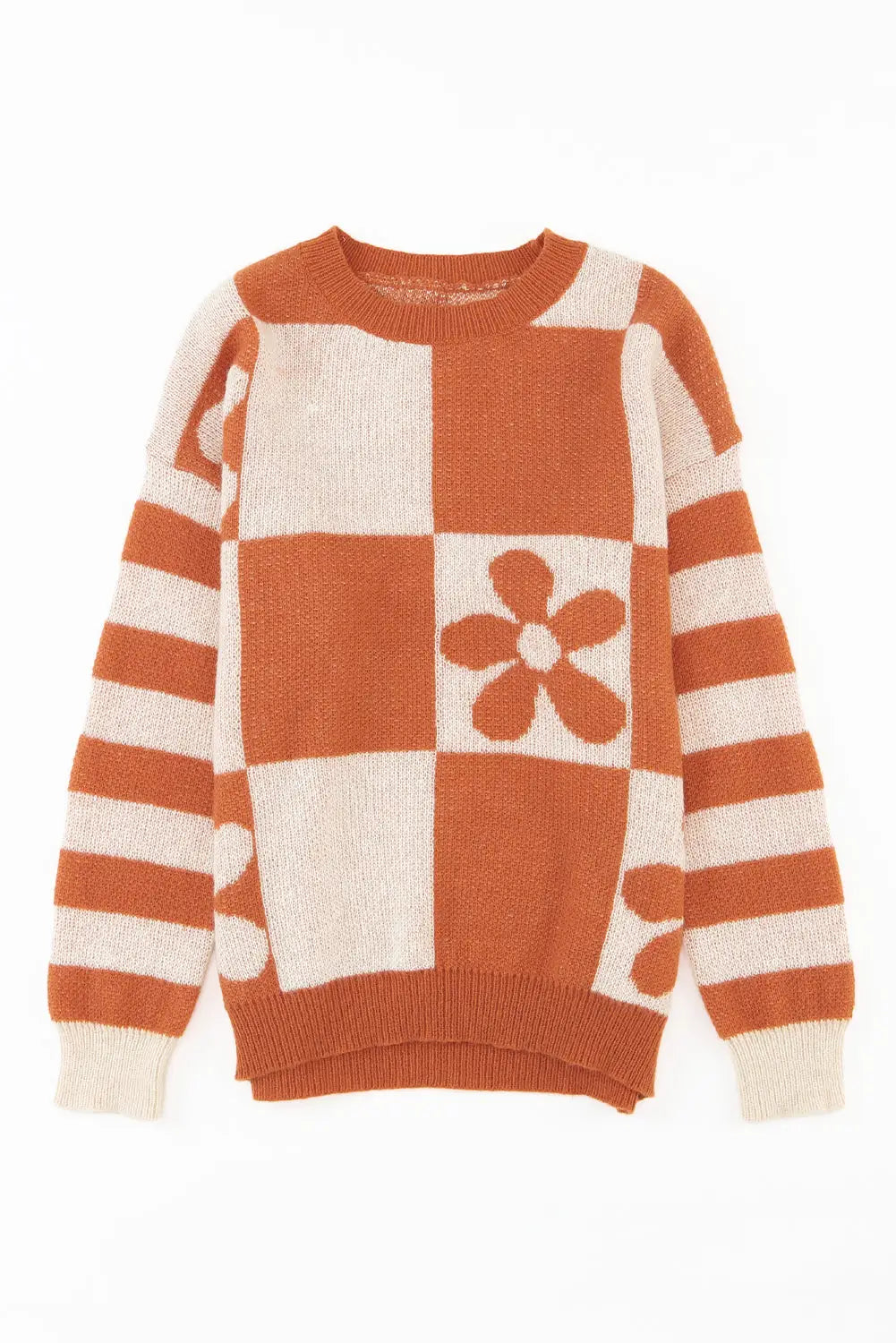 Checkered Floral Print Striped Sleeve Sweater Women UK