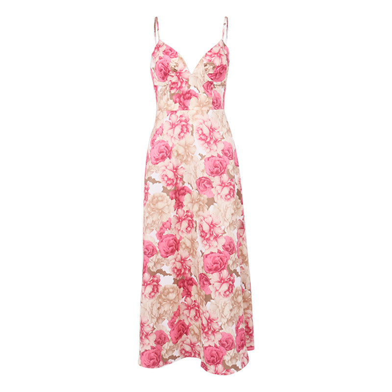 Printed V-Neck Backless Sling Dress