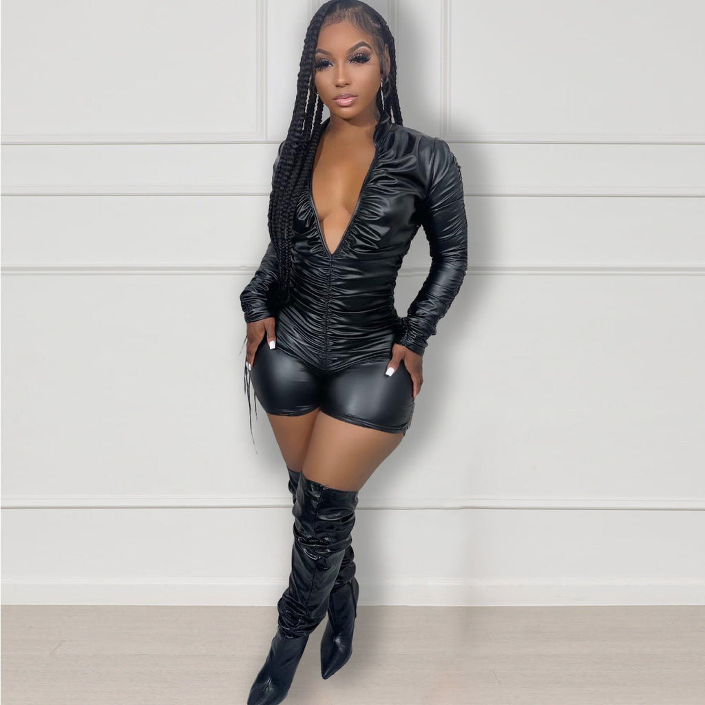 Fashion Pleated High-elasticity Leather Jumpsuit