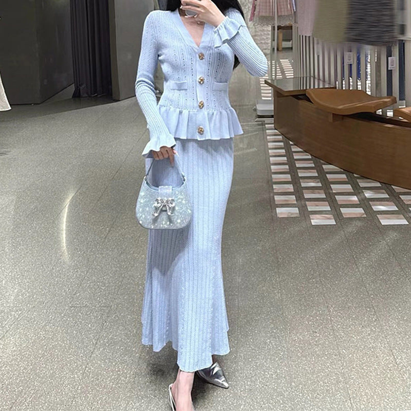 Female V-neck Ruffled Long Sleeved Patchwork Dress