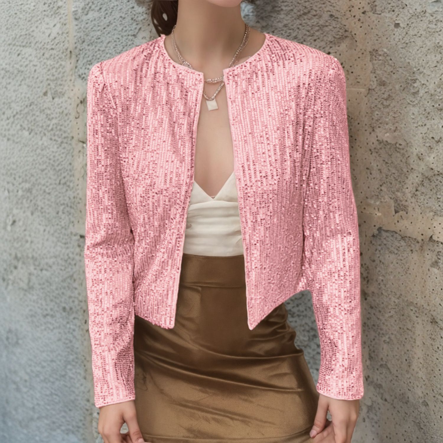 Crew-neck Long-sleeve Solid-color Cardigan Casual Sequin Jacket