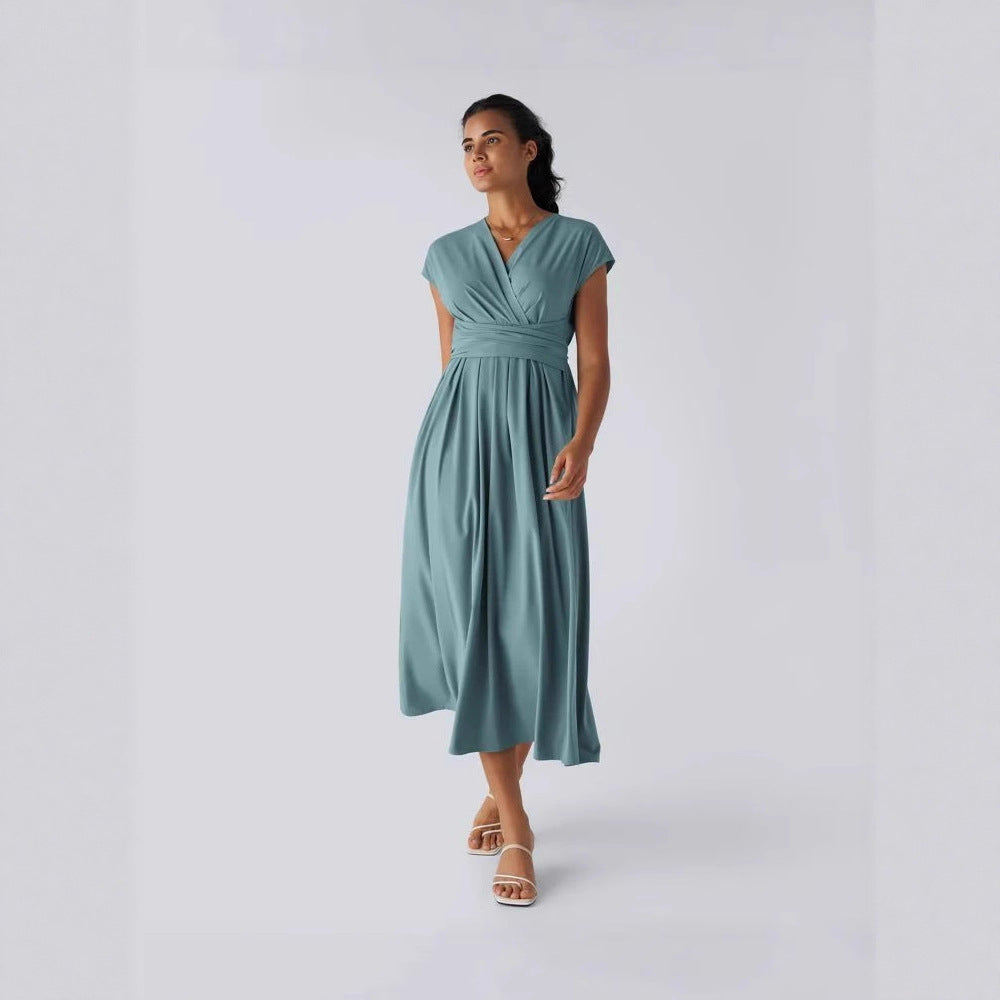 Solid Color Overlapping V-neck Short Sleeve Side Pocket Lace-up Quick-drying Mid-length Casual Dress