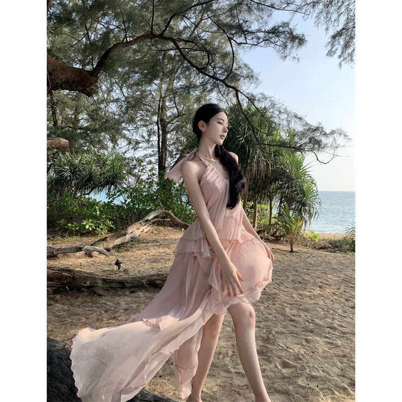 Summer Seaside Vacation Irregular  Halter Spaghetti Straps Backless Dress Women
