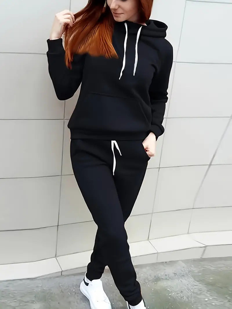 Hooded Sweater Solid Color With Fur Thickened Set Women
