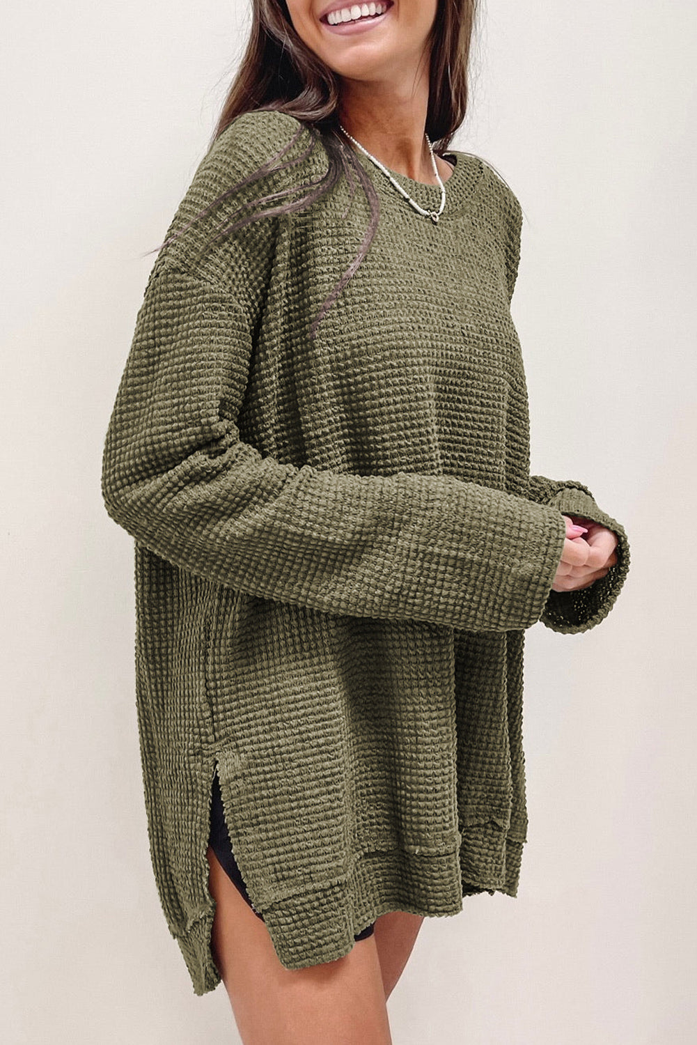 Moss Green Textured Knit Top | Plus Size Long Sleeve