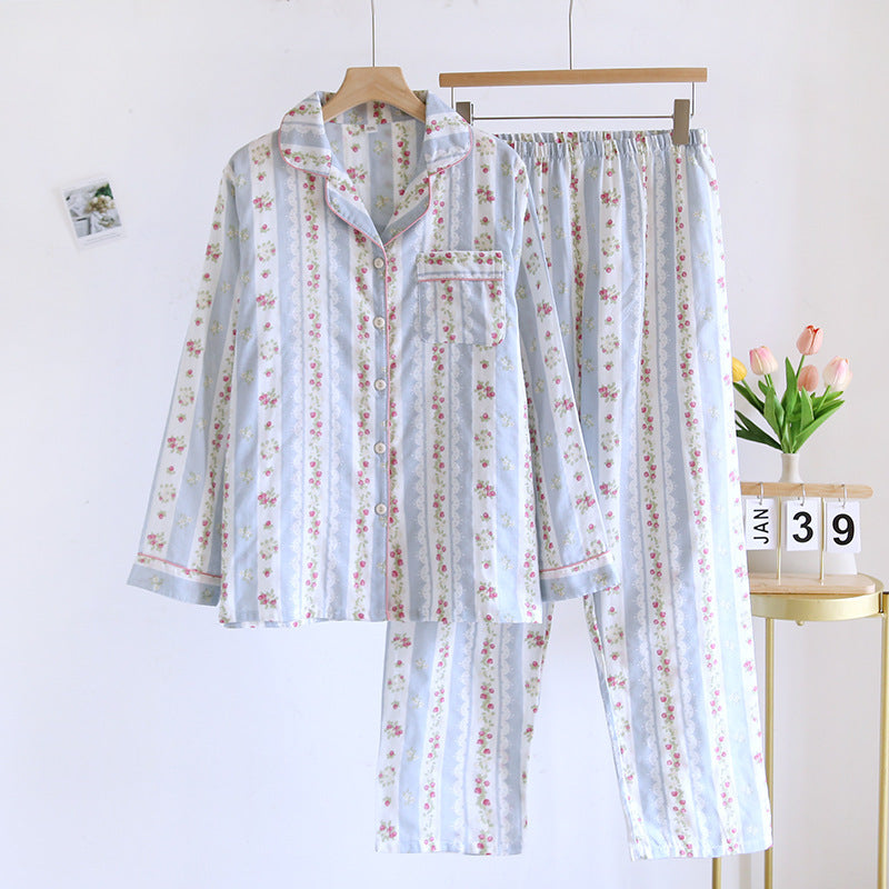 Japanese Sweet Ladies' Homewear Cotton Double-layer Gauze New Long-sleeved Trousers Two-piece Set
