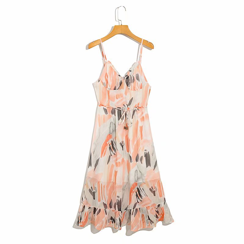 Summer New Fashion V-Neck Suspender Dress Sexy Backless Printing Long Skirt