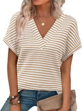 Casual Striped Textured Short-Sleeve Arrival V-Neck Knitted T-Shirt