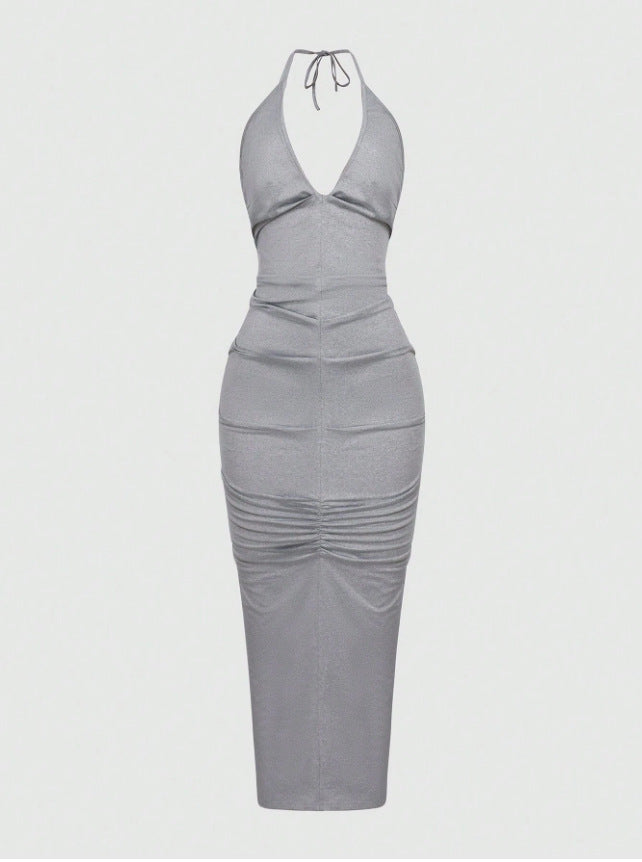 Deep V-neck Pleated Backless Lace-up Hip Dress