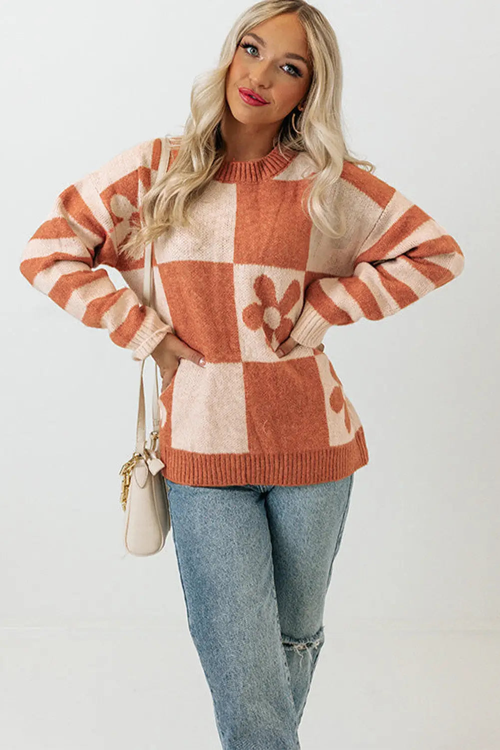 Checkered Floral Print Striped Sleeve Sweater Women UK