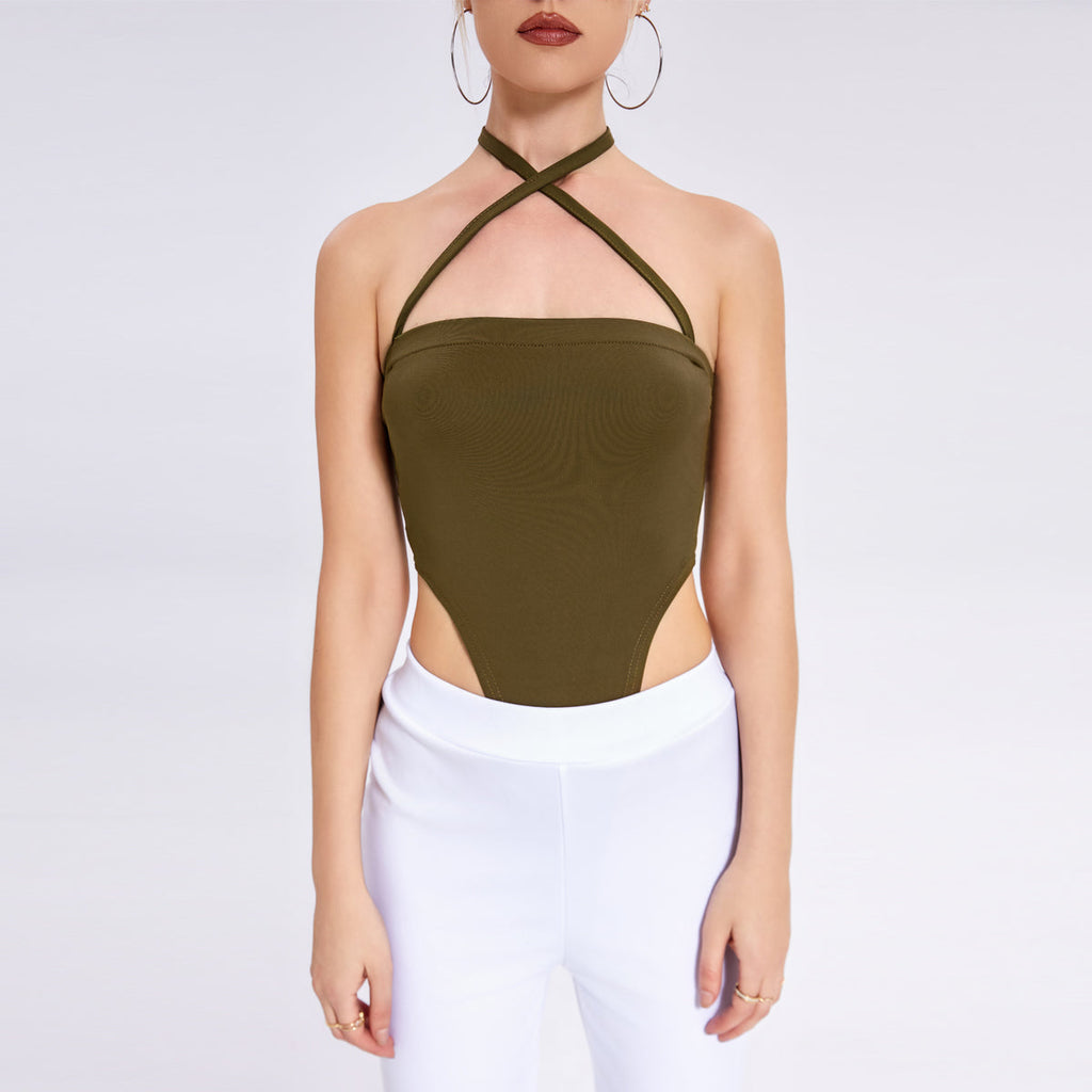 Fashion New Women’s One -word Collar Hanging Neck Band -lap Background Bodsuit