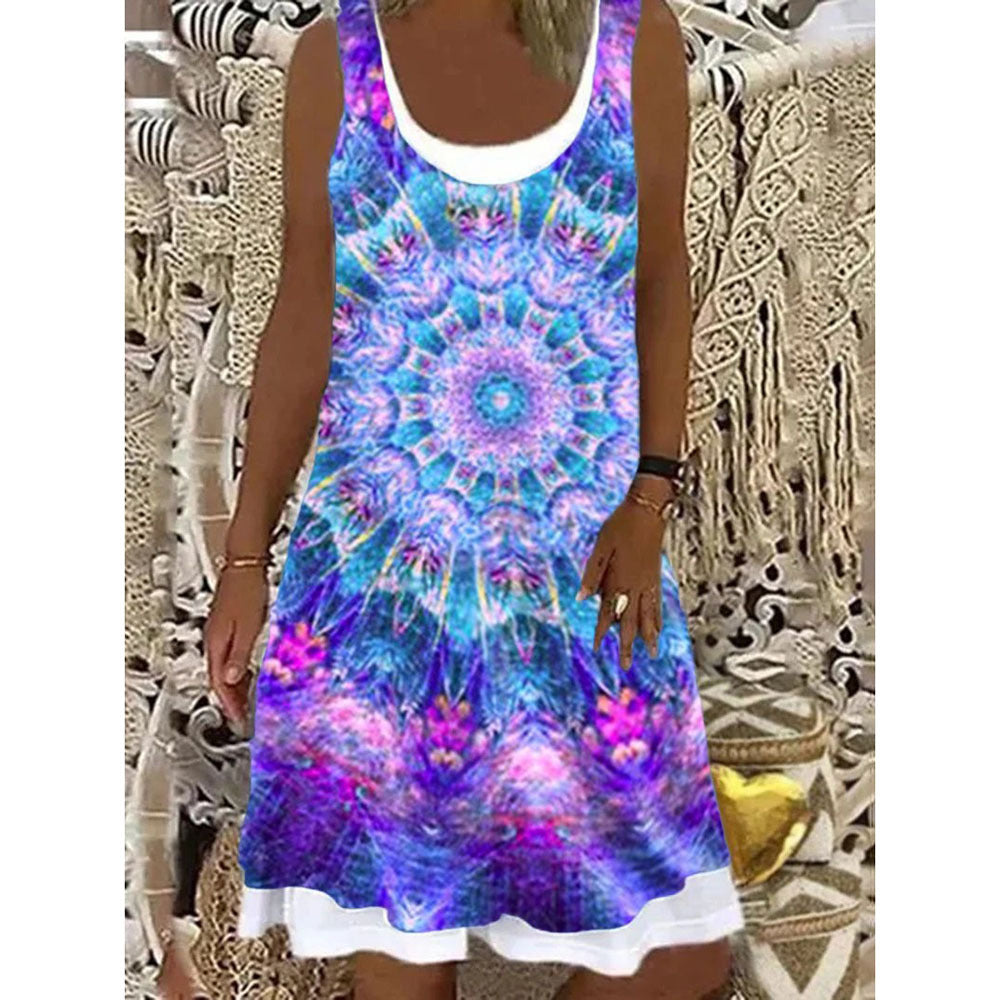 Women's Printed Patchwork Round Neck Sleeveless Pleating Dress
