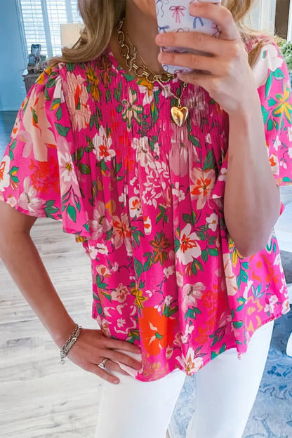 Pink Floral Smocked Short Sleeve Blouse Women UK
