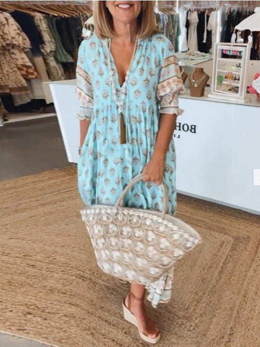 Summer Bohemian Print Lantern-Sleeved Dress Fashion Loose V-Neck Ruffle Long Dress Beach Clothing For Women