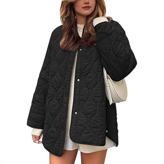 European And American Style Chic String Decoration Simple Solid Color Round Neck Loose Cotton Coat