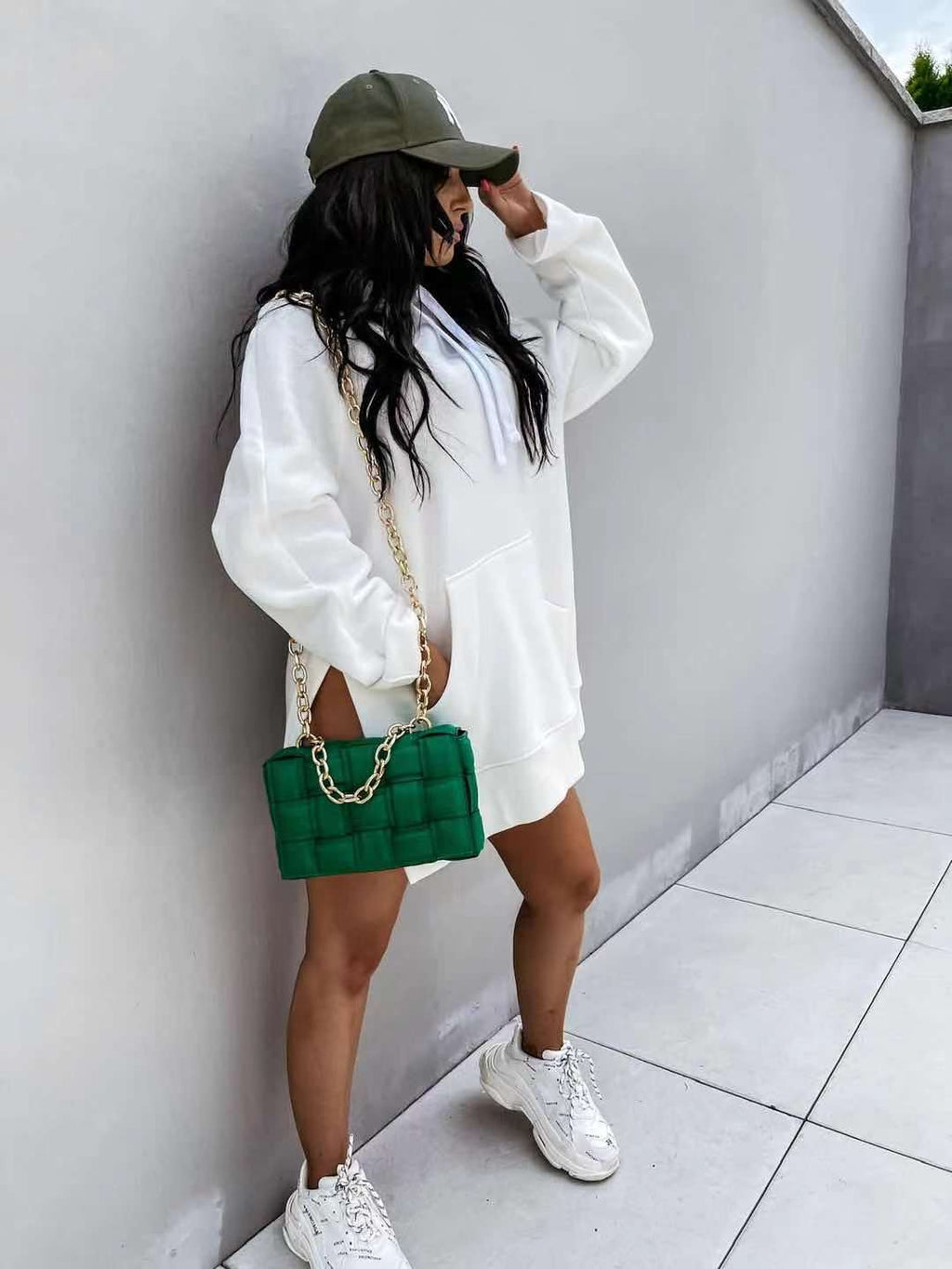 Women's Hooded Sweatshirt With Pockets Fashion Casual Split Mid-length Sweater Drawstring Tops