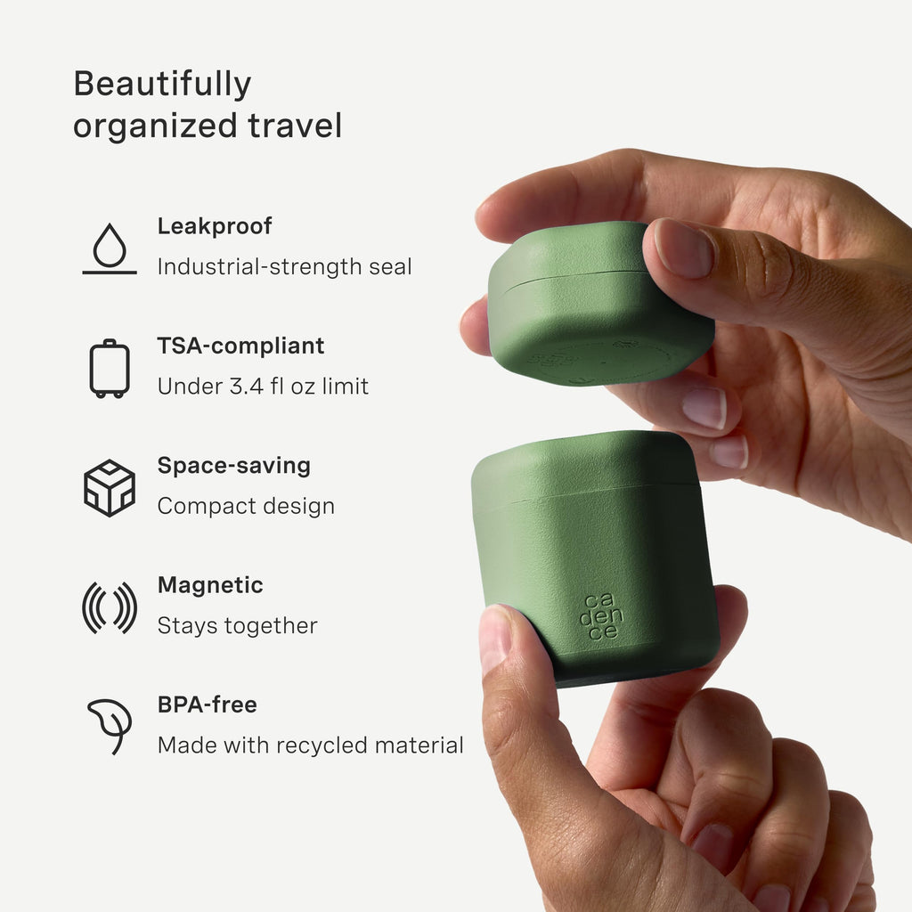 Cadence Travel Containers - 2-Piece Body Care Capsule Set | Magnetic, Leak-Proof TSA Travel Bottles