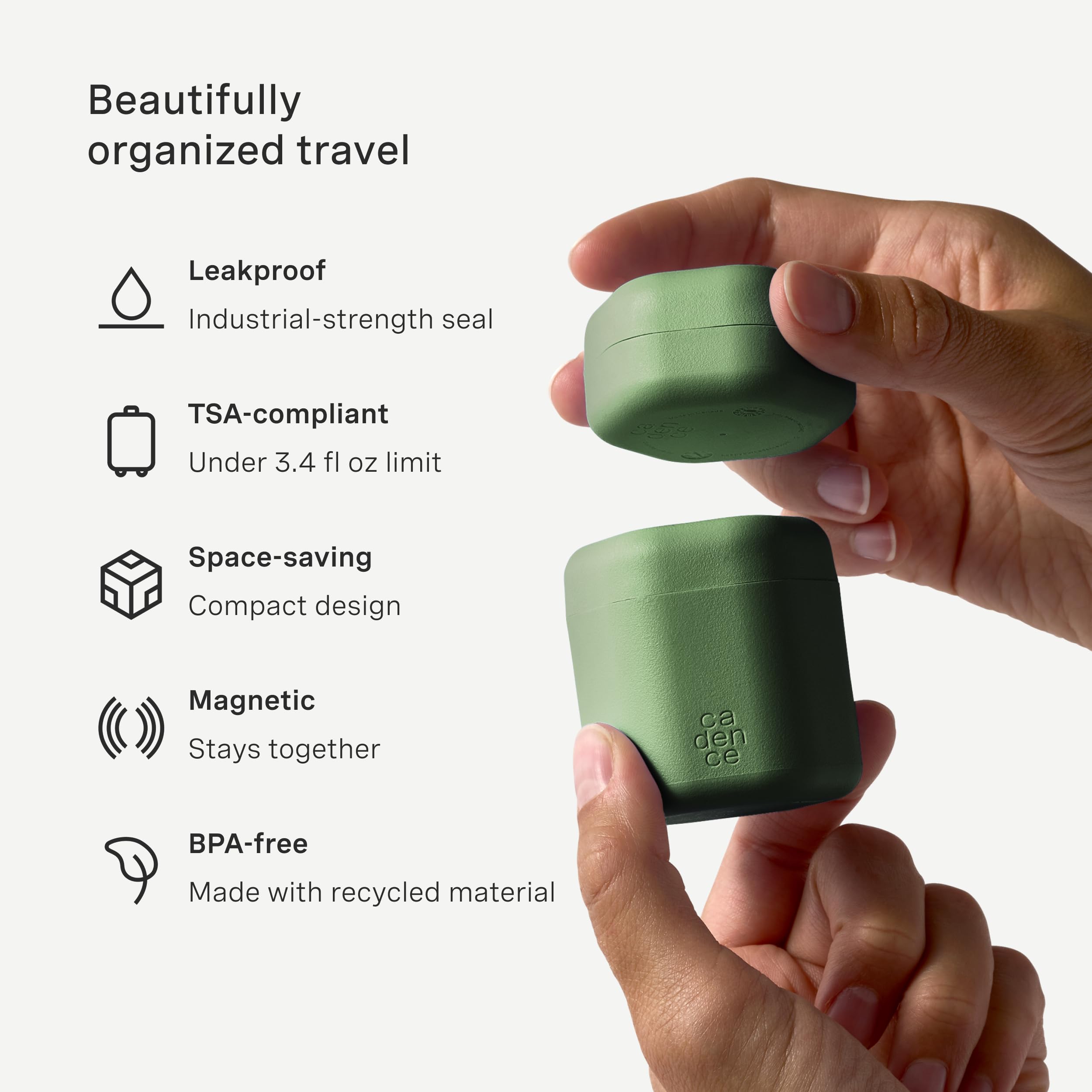Cadence Travel Containers – 2-Piece Haircare Set | Magnetic Capsule Travel Bottles (Shampoo & Conditioner) – Evergreen