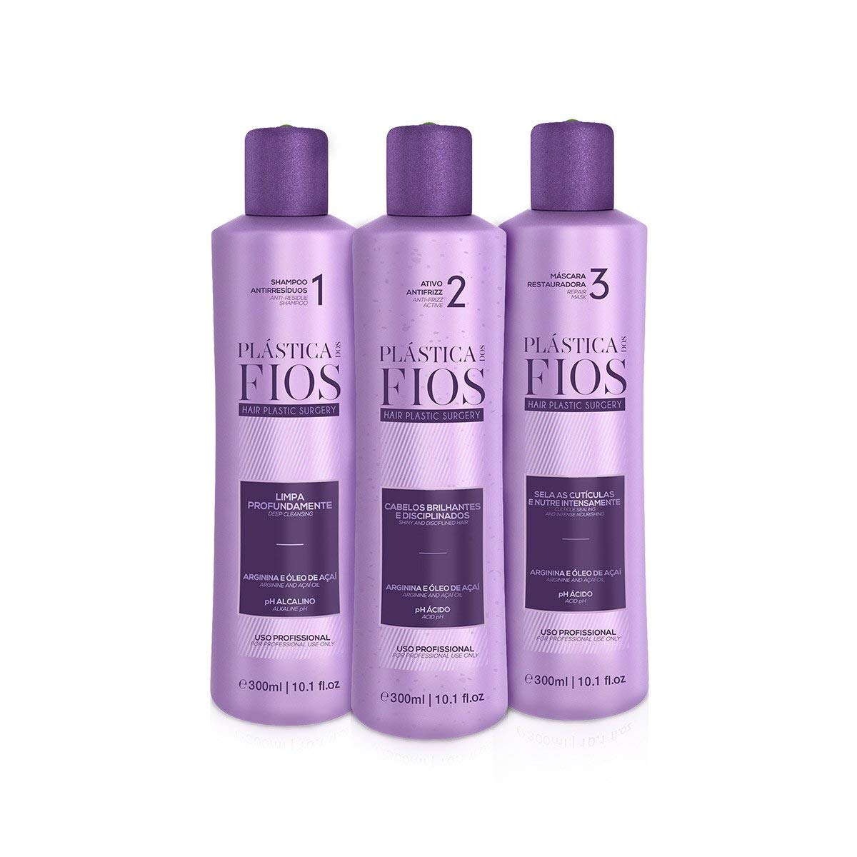 CADIVEU Plastica Dos Fios Keratin Smoothing System – Brazilian Keratin, 3x300ml Anti-Residue Shampoo & Repair Mask, Comb Included