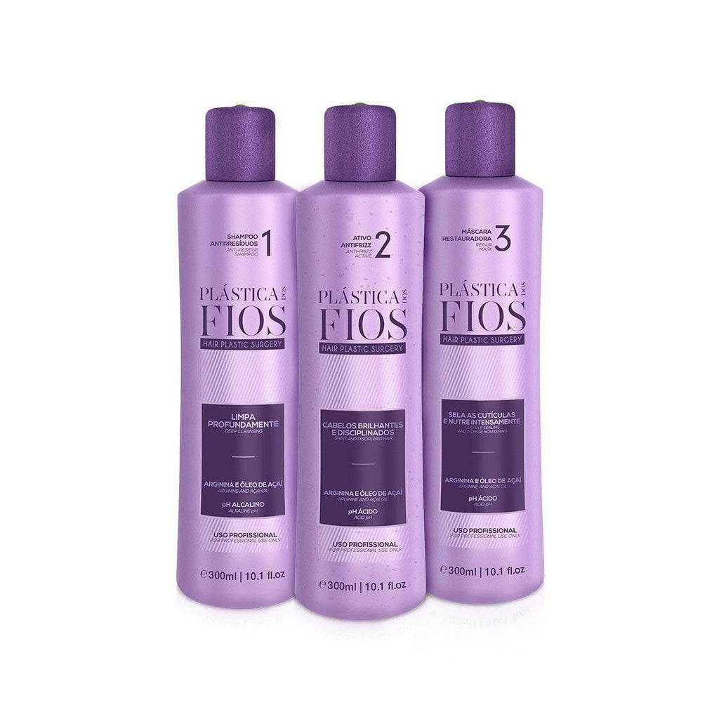 CADIVEU Plastica Dos Fios Keratin Smoothing System – Brazilian Keratin, 3x300ml Anti-Residue Shampoo & Repair Mask, Comb Included