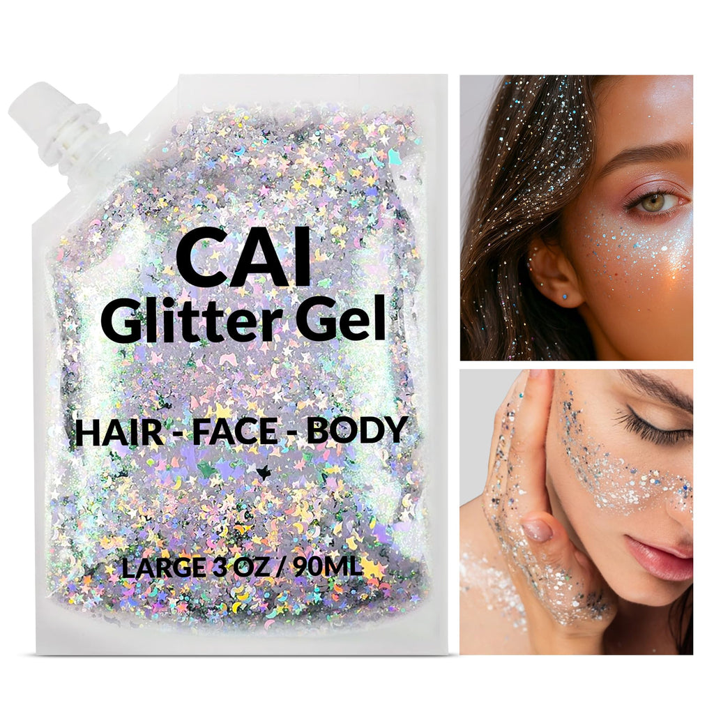 CAI BEAUTY NYC Face, Hair & Body Glitter Gel – Moon & Stars, 3 oz, 2-Pack