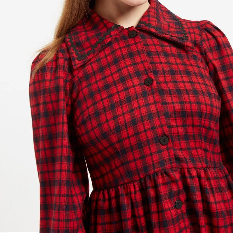 Louche Cailin Winter Gingham Midi Shirt Dress in Red and Black