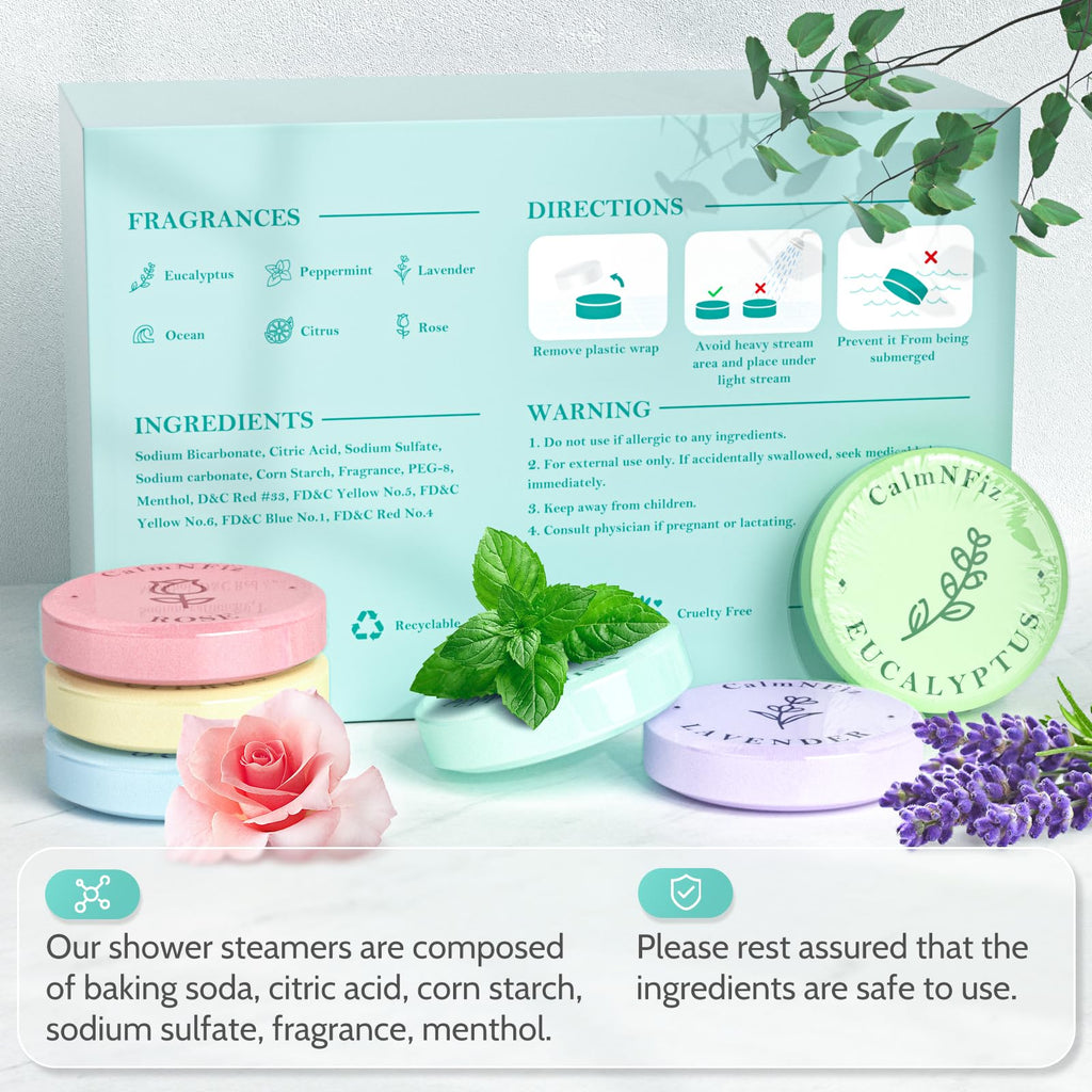CalmNFiz 30 Pack Shower Steamers Gift Set – 6 Scents for Self-Care