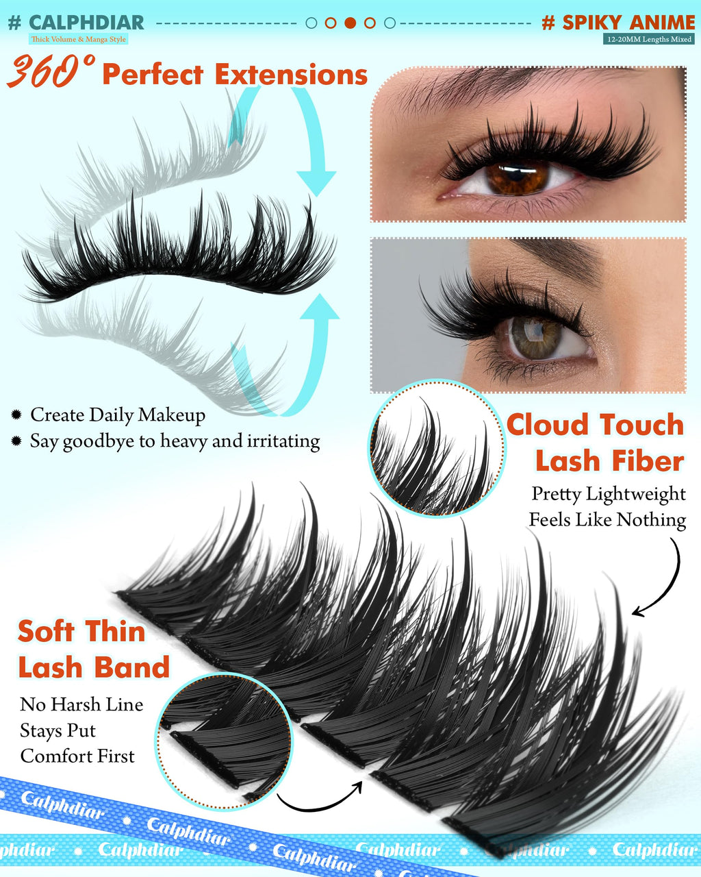 Calphdiar Lash Extension Kit 200D Manga Lash Clusters – DIY 12–20mm Spiky Wispy Lashes