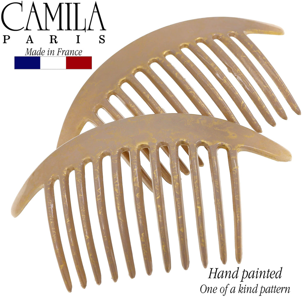 Camila Paris CP2941 French Hair Side Combs – Beige Pearl Interlocking Clips for Elegant Updos | Made in France