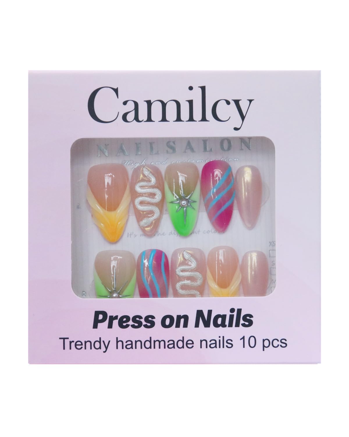 CAMILCY Press-On Nails – Handmade, Reusable Luxury Nails for Women | Short Almond Shape with Colorful Yellow Diamonds