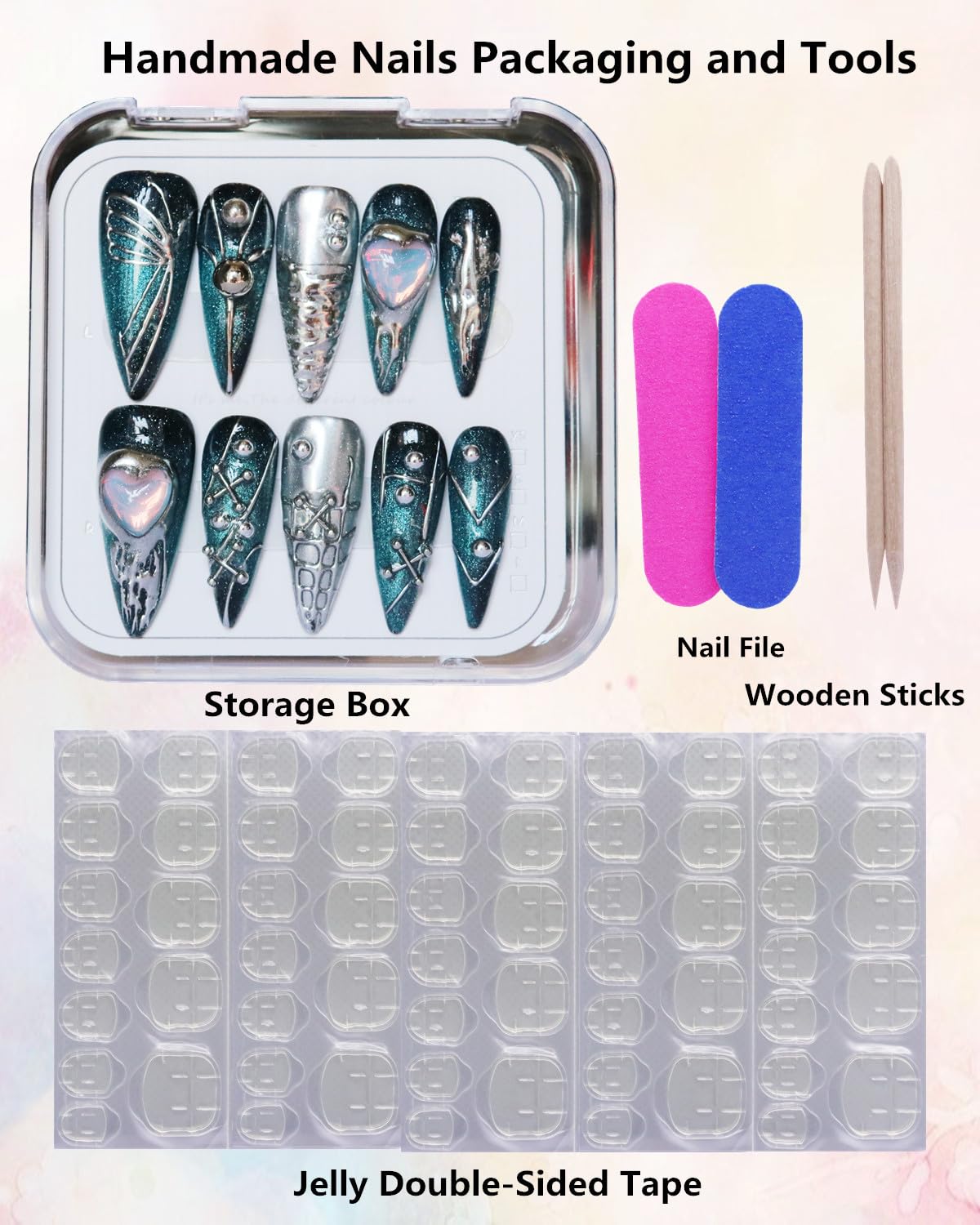 CAMILCY Press On Nails – Handmade Luxury Reusable Nails, Long Almond Shape, Blue Silver Diamond Hand-Painted Design, 10Pcs