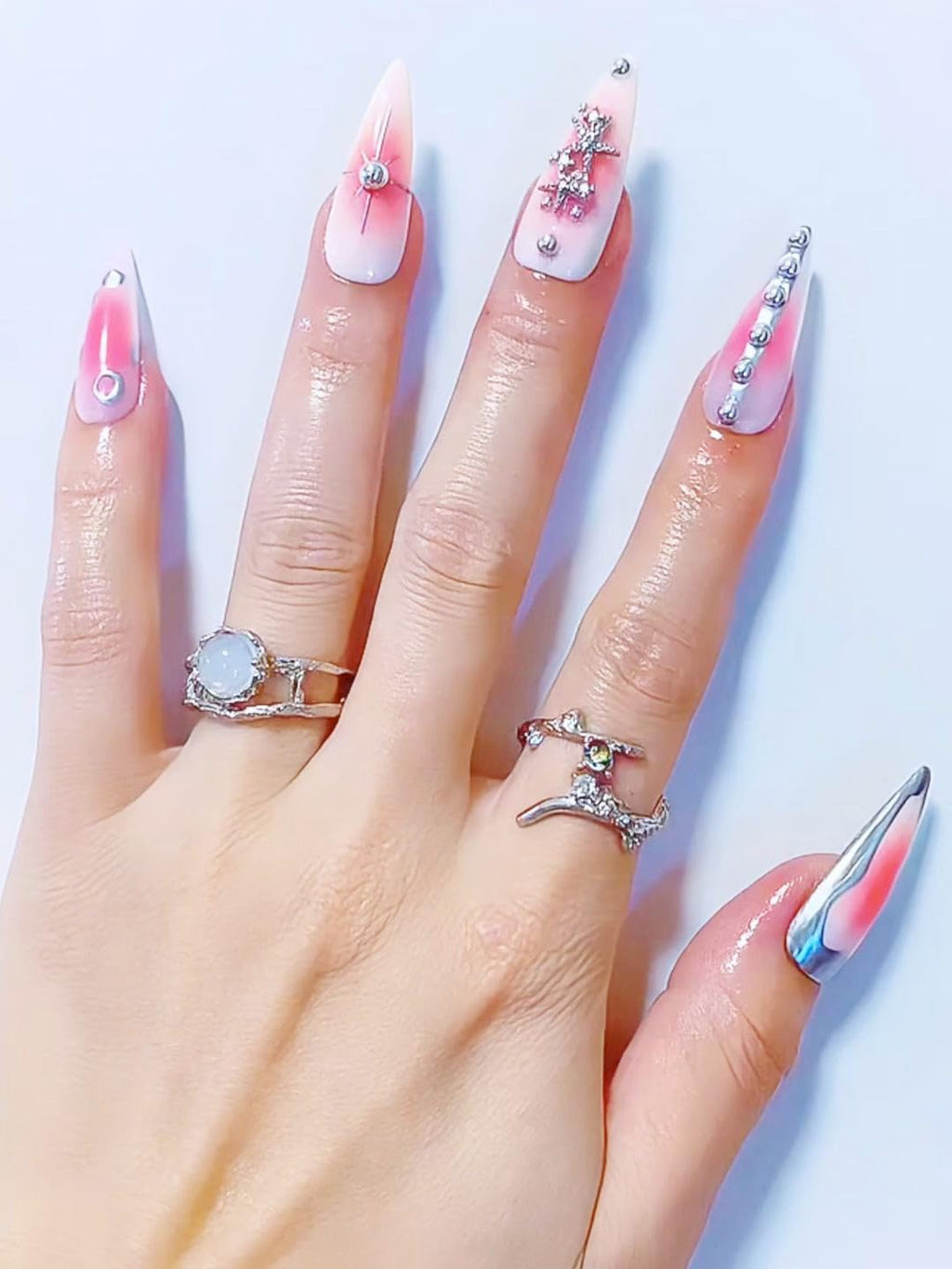 CAMILCY Luxury Press On Nails – Handmade, Reusable, Long Almond Shape with Pink Diamonds