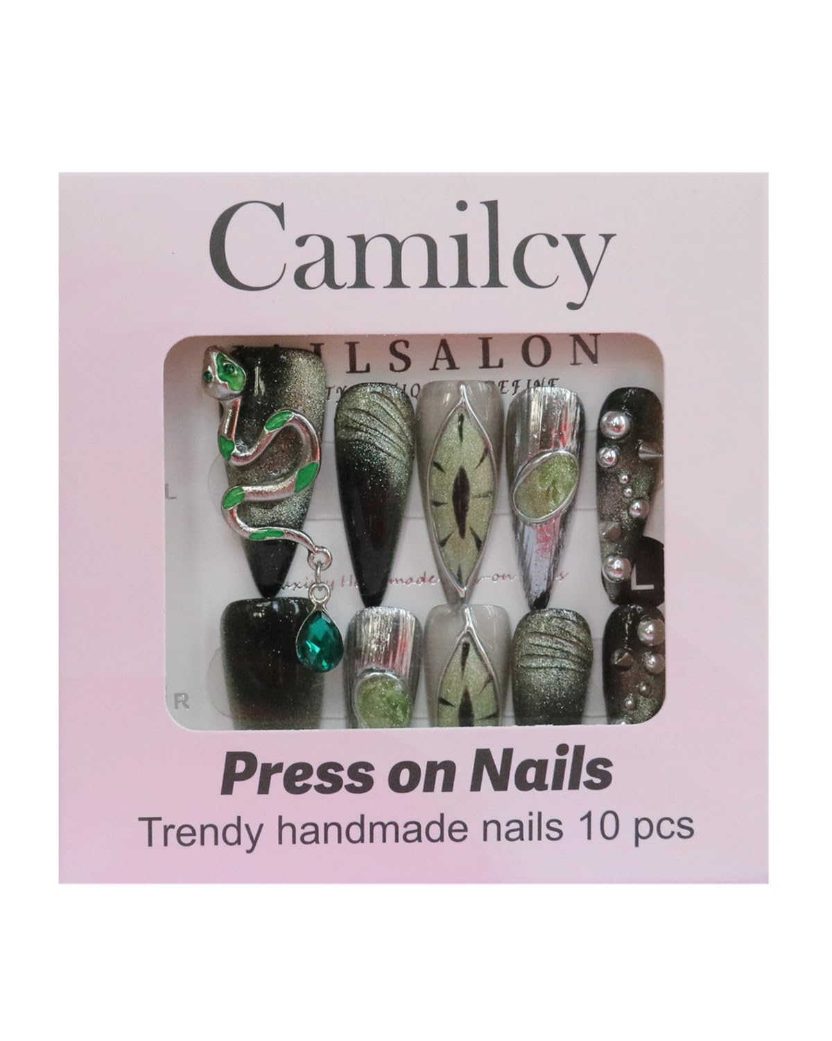 CAMILCY Press On Nails | Handmade Luxury Reusable Nails – Long Almond, Black Diamonds, Hand Painted, GelUV Finish (A038, S)