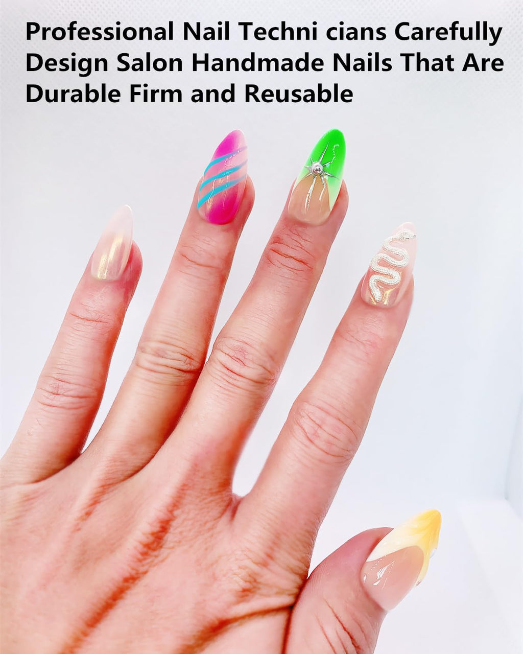 CAMILCY Press-On Nails – Handmade, Reusable Luxury Nails for Women | Short Almond Shape with Colorful Yellow Diamonds