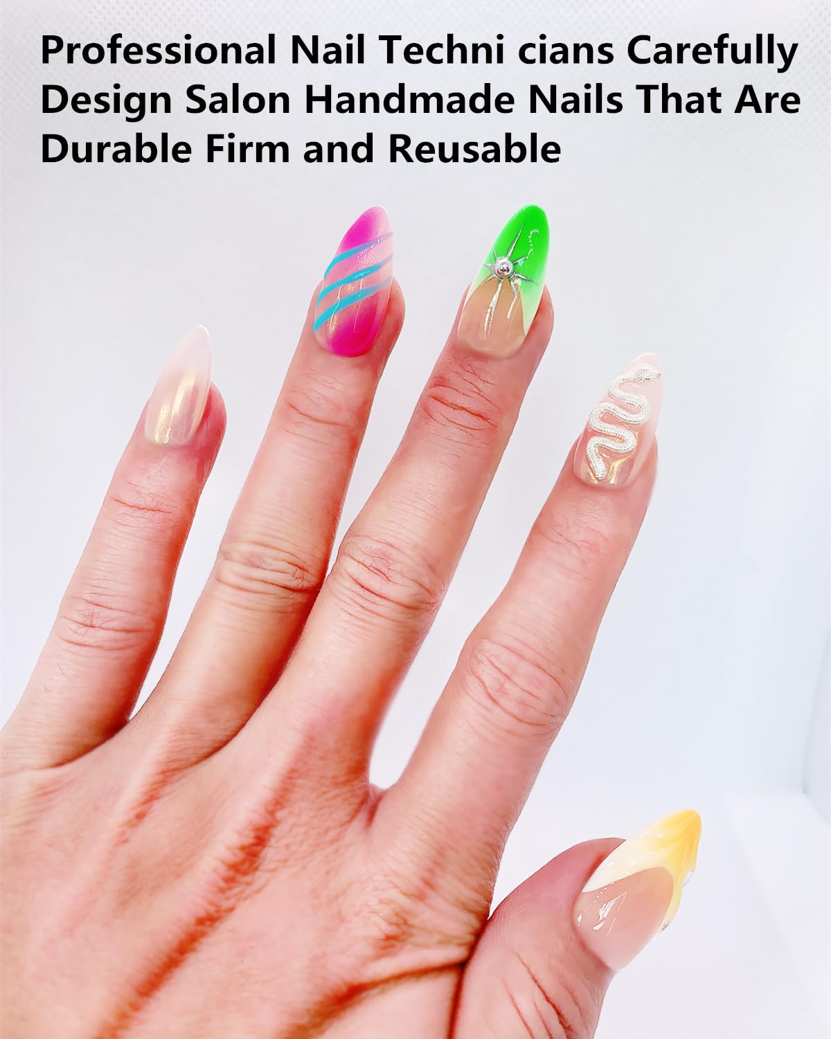 CAMILCY Press-On Nails – Handmade, Reusable Luxury Nails for Women | Short Almond Shape with Colorful Yellow Diamonds