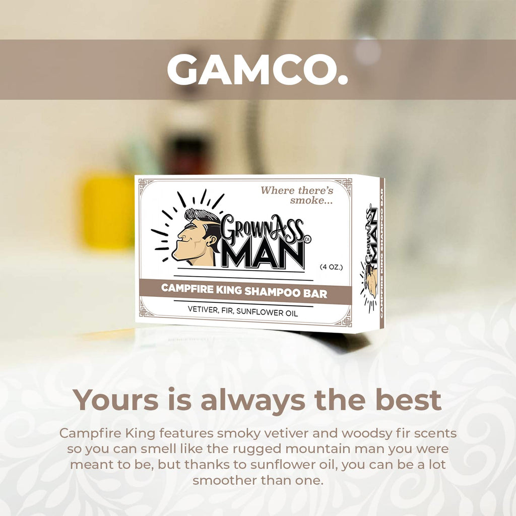 Grown Ass Man Co. Campfire King Solid Shampoo Bar — 3-in-1 Hair, Beard & Body, Plastic Free