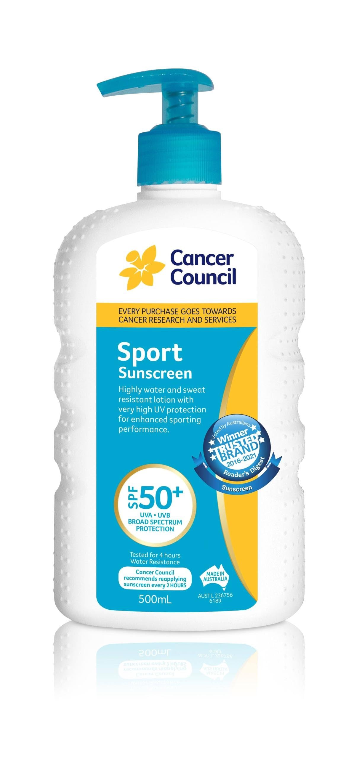 Cancer Council SPF50+ Sport 500ml Pump Sunscreen – Sweat-Resistant, Broad Spectrum
