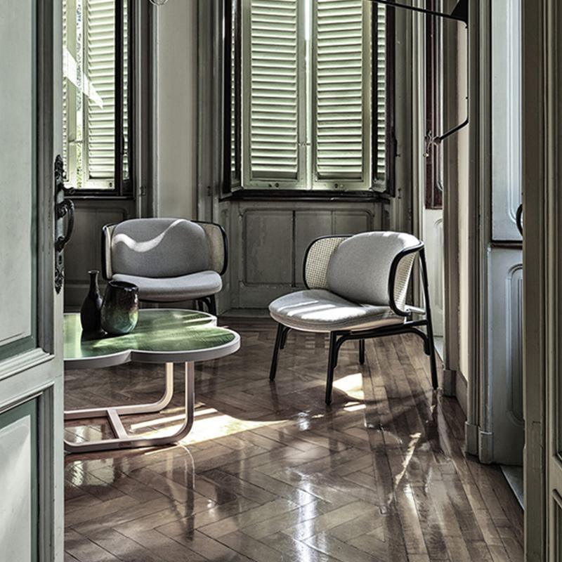 Cane Rattan Armchair, Grey Linen