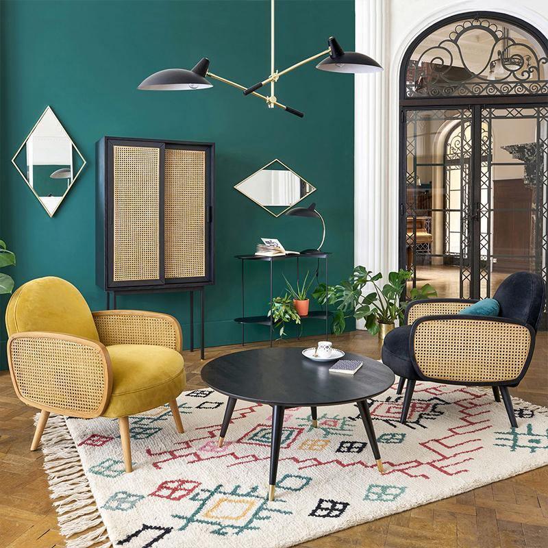 Cane Rattan Armchair, Velvet