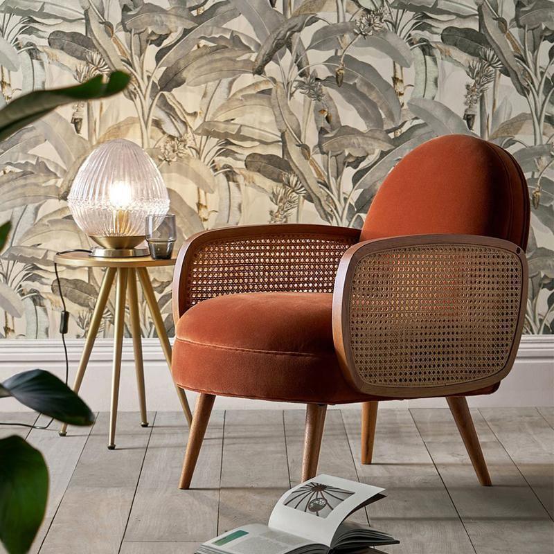 Cane Rattan Armchair, Velvet