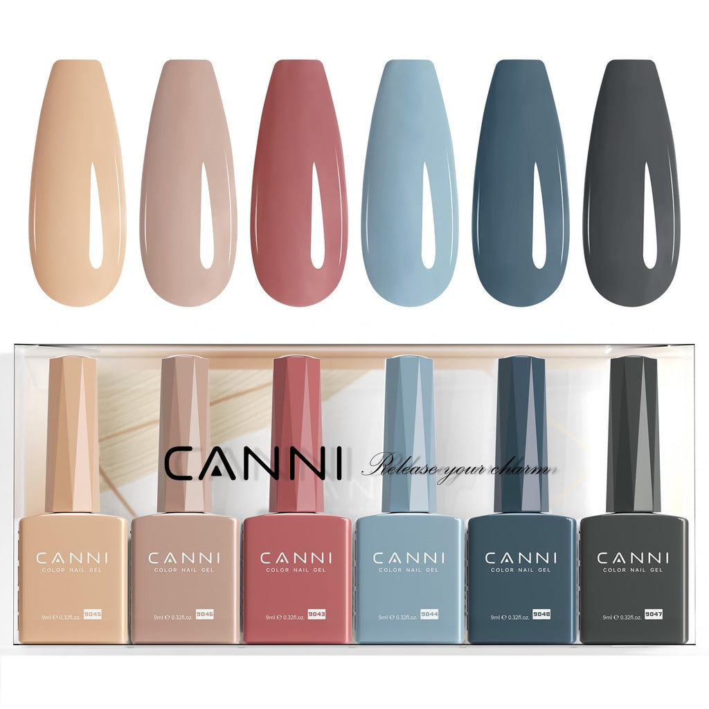 CANNI 6 Colors 9 ml Hema-Free Gel Nail Polish Set – Fall Brown Nude Blue Shades for DIY At-Home Manicures