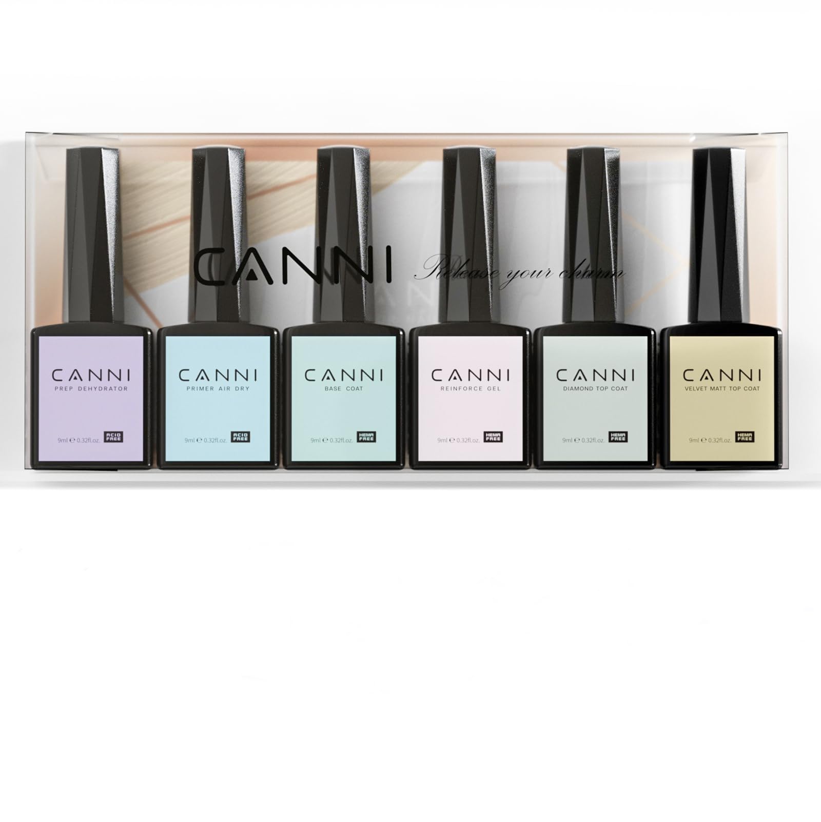 CANNI 6Pcs 9ml Hema-Free Gel Nail Polish Set – Dehydrator, Primer, Base & Top Coats