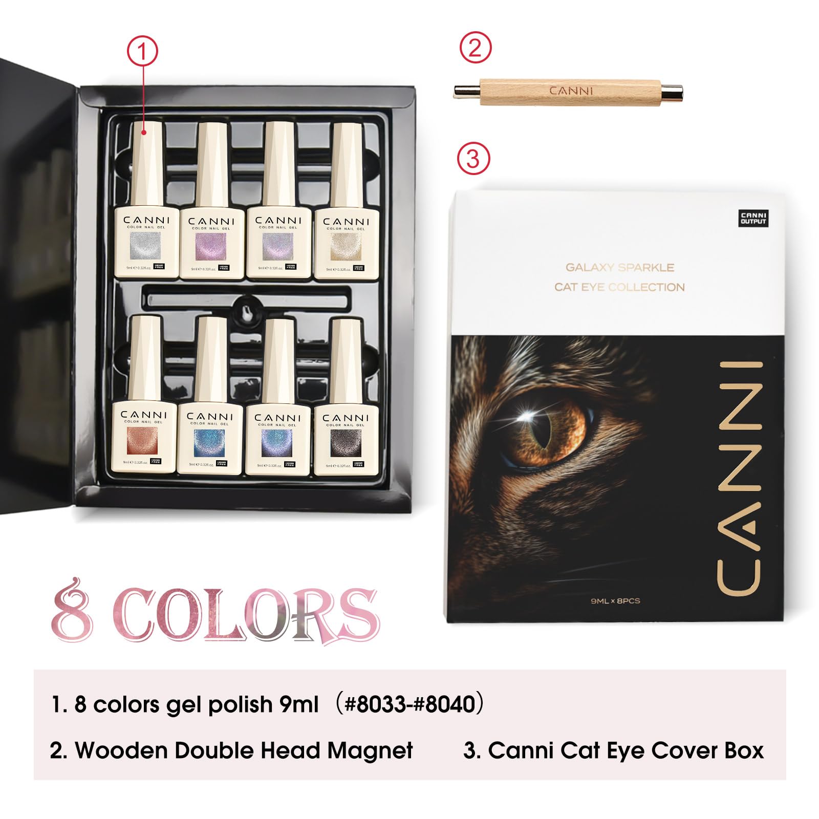 CANNI 8 Pcs 9ml Cat Eye Gel Nail Polish Set – Magnetic Shimmer Colors for DIY Salon Manicures