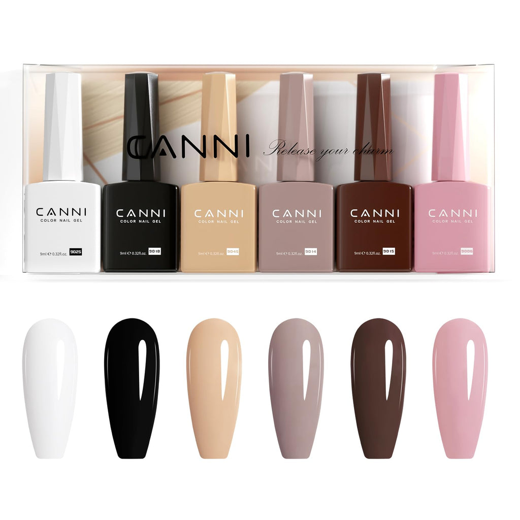 CANNI 9ml Hema-Free Gel Nail Polish Set – 6 Fall Colors (White, Black, Nude, Pink, Brown) Soak-Off LED Kit